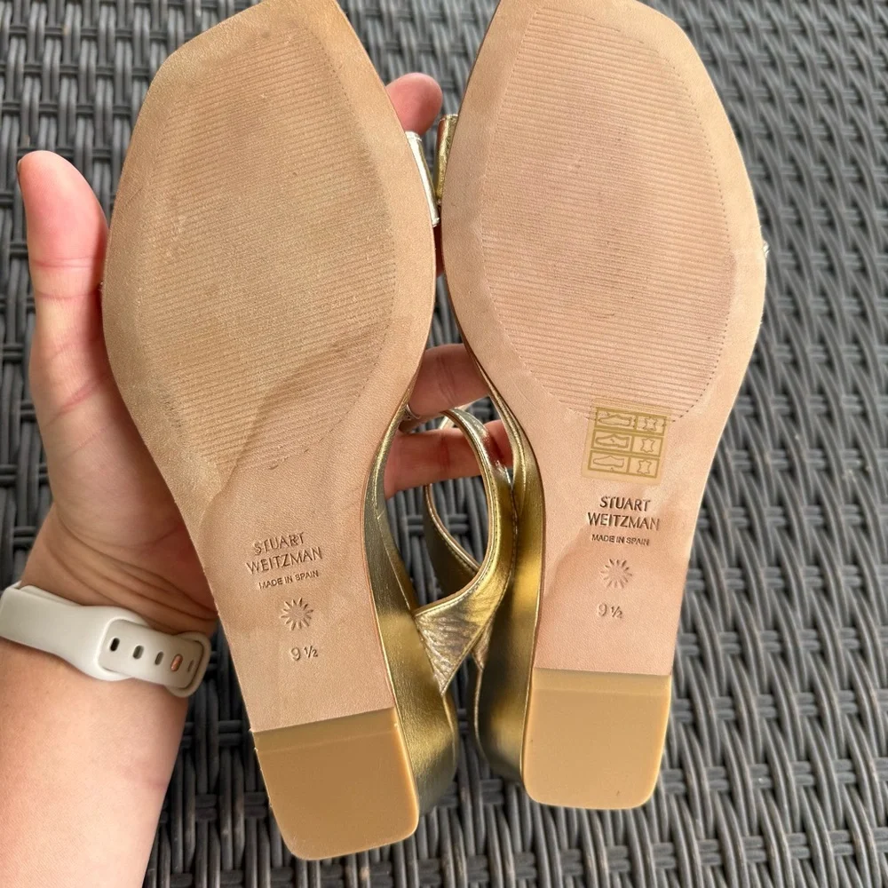 Stuart Weitzman Aleena gold, square toe wedge sandals - Picture 5 of 7